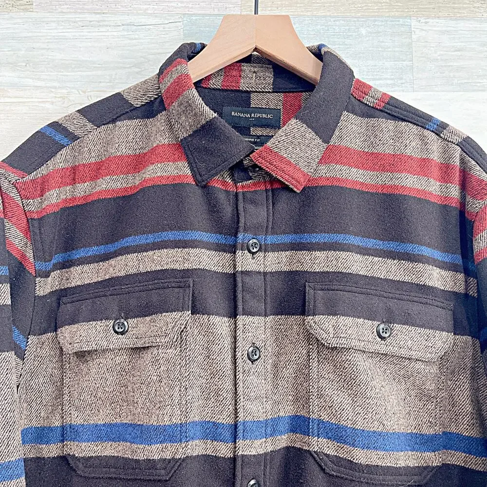 Banana Republic Striped Melton Thick Flannel Shirt Brown Blue Wool Blend Mens XL